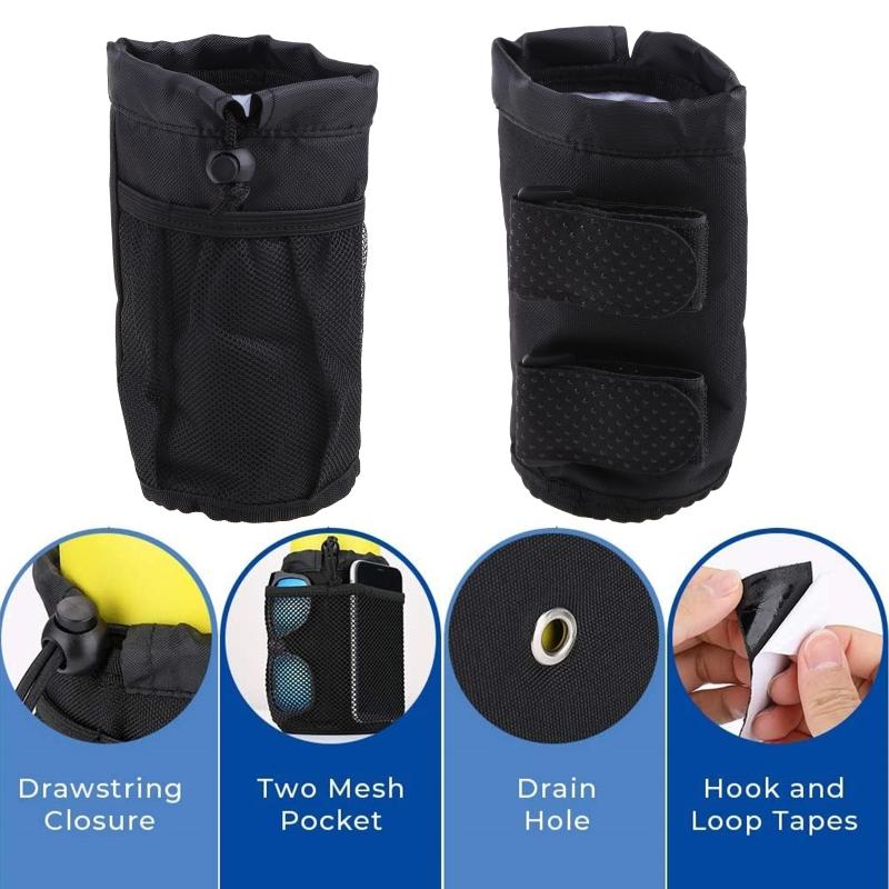Zusammenklappbarer Fahrrad-Campbecher-Getränkehalter mit Netztaschen und Klettbändern, Verstellbare Becherhaltertasche für Mountainbike