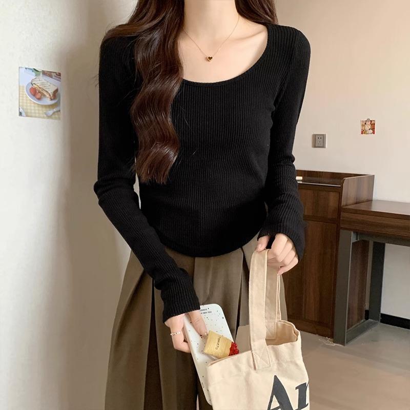 Right Shoulder U-neck Long-sleeved T-shirt for Women In Autumn and Winter, Curved Hem, Simple and Versatile Threaded Elastic Slim Bottoming Inner Top