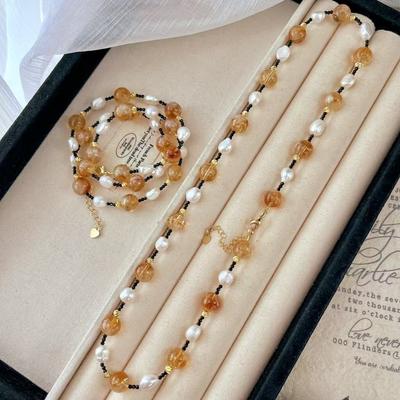 Vintage Hochwertige Natürliche Süßwasserperle Citrin Kontrastfarben Design Halskette Schlüsselbein Kette