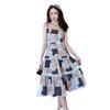 Floral vest skirt new summer sexy waist thin suspender skirt splicing square medium and long dress women