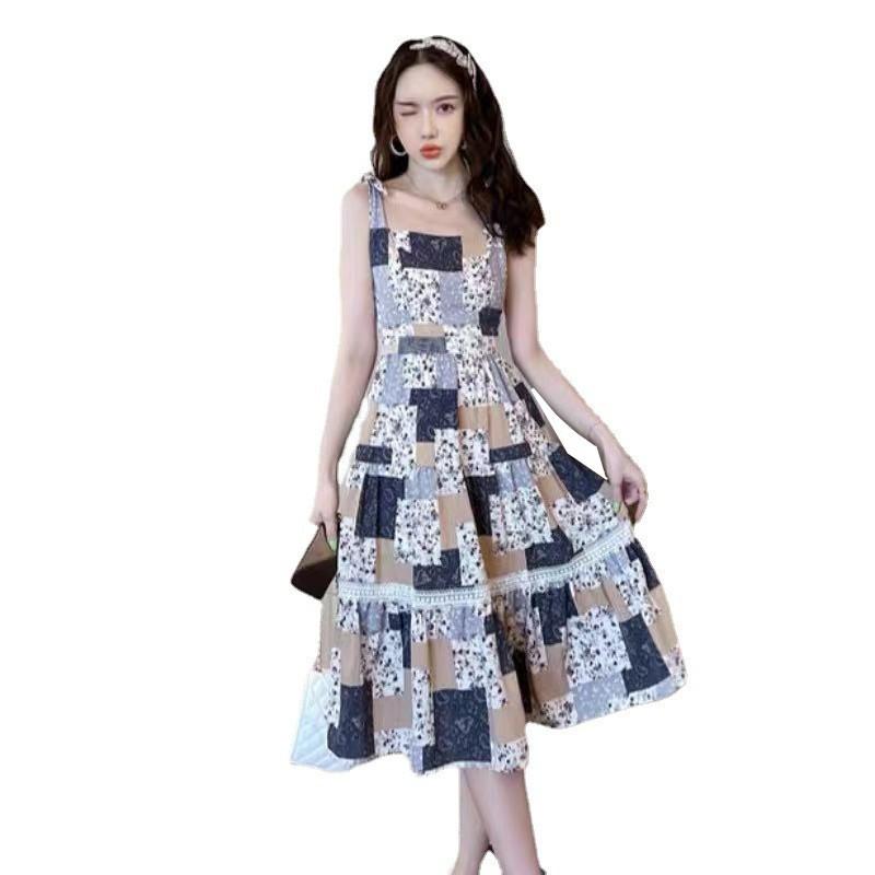 Floral vest skirt new summer sexy waist thin suspender skirt splicing square medium and long dress women