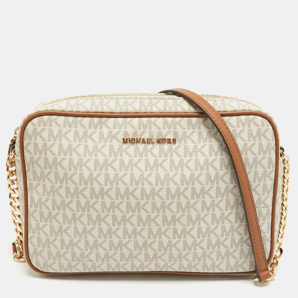 

Michael Kors Signature Coated Canvas And Leather East West Crossbody Bag white