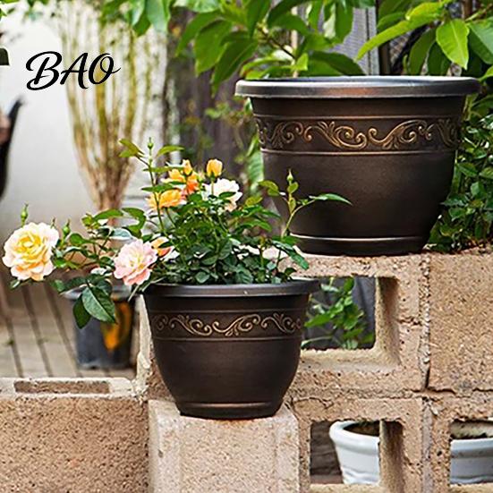 Weather Resistant Garden Pots Resin Flower Planters, Vintage Plant Pot with Drainage Hole & Saucer, Lightweight for Indoor Outdoor, Retro Imitation