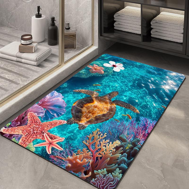 Seashell  Seahorse Bath Mat Ocean Theme Non-Slip Diatomite Floor Rug Quick Dry Anti-Skid Bathroom Door Mat