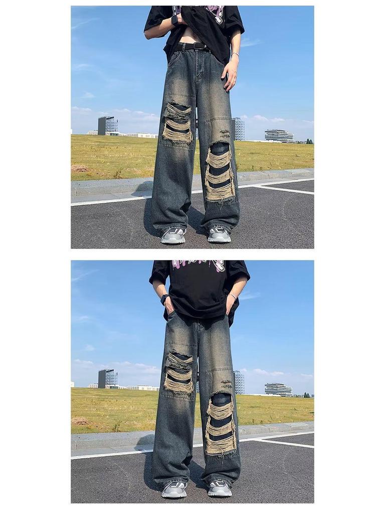 Men's Summer American Retro Ripped Wide-Leg Jeans - Washed, Distressed, Loose Fit, High Street Style.