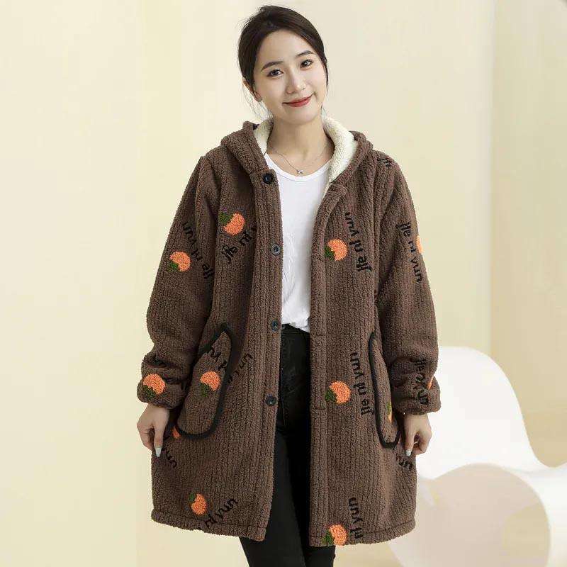Coat Plush for Women Fleece Thickened Winter Double Layer Windbreaker Oversize Casual Hooded Jacket