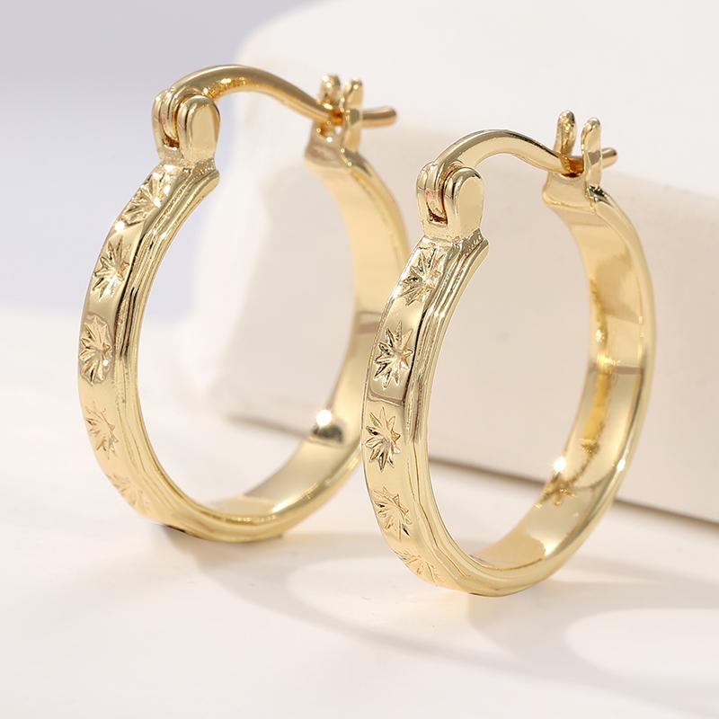 Vintage Copper Material Hand Carved Star Pattern Golden Plated Hoop Earrings for Women's  Concise Party Festival Jewelry