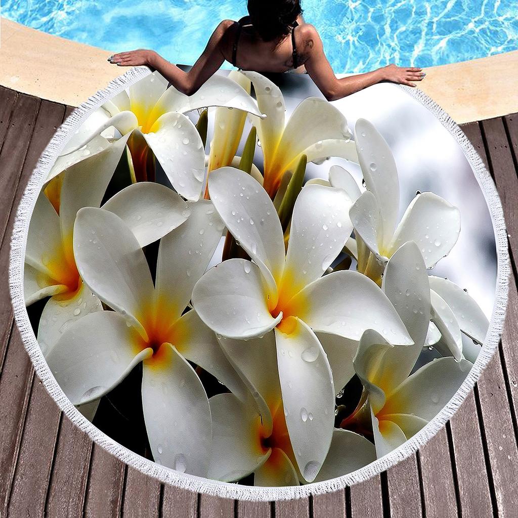 Botanical Floral Round Beach Towel, Garden Flowers Daisy Beach Blanket, Rustic Farmhouse Style Pool Towel, Portable Picnic Mat