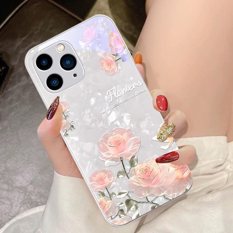 Rose Pink Flower Cluster For IPhone 16 Pro Max 15 Pro 14 13 12 Mini 11 XS Max XR 7 8 Plu SE 2022 Tempered Glass Phone Case