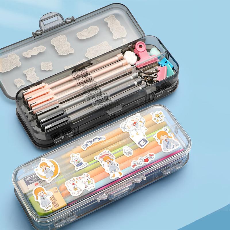 Kawaii Transparent Pencil Case Double Layer Multifunction Kids Pen Stationery
