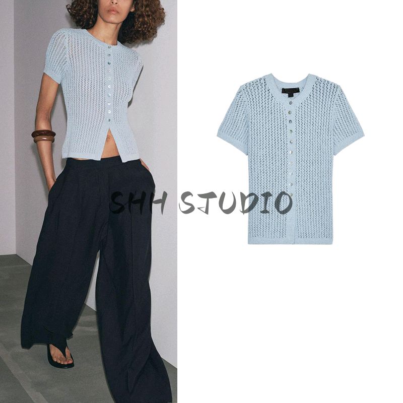 Summer New Product Women's Clothes Sweet Style Single-Breasted Round Neck Short Sleeve Jacquard Mesh Knitting Tops 5802020