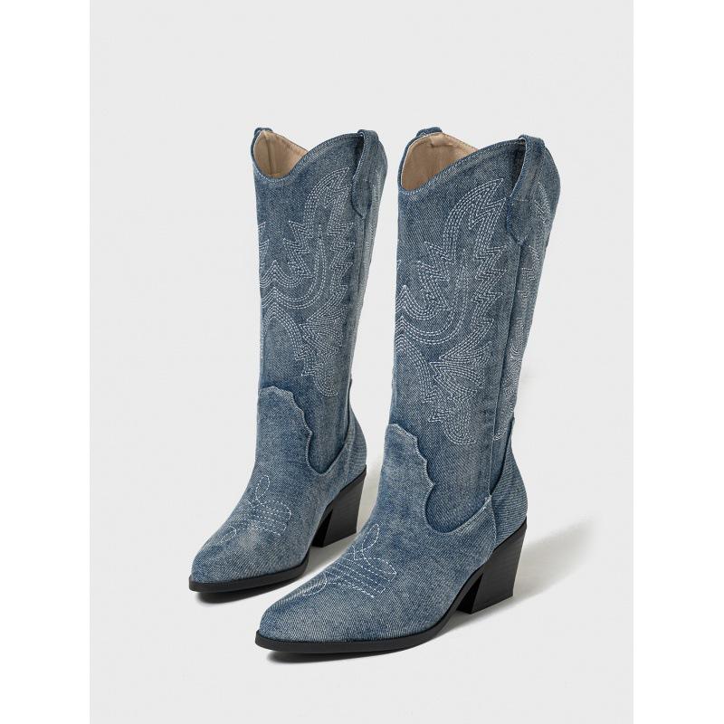 Винтажные вышитые сапоги западного рыцаря ковбойские сапоги толстый каблук острый носок темперамент тонкие большой размер женские сапоги 35 темно-синий 4498₽