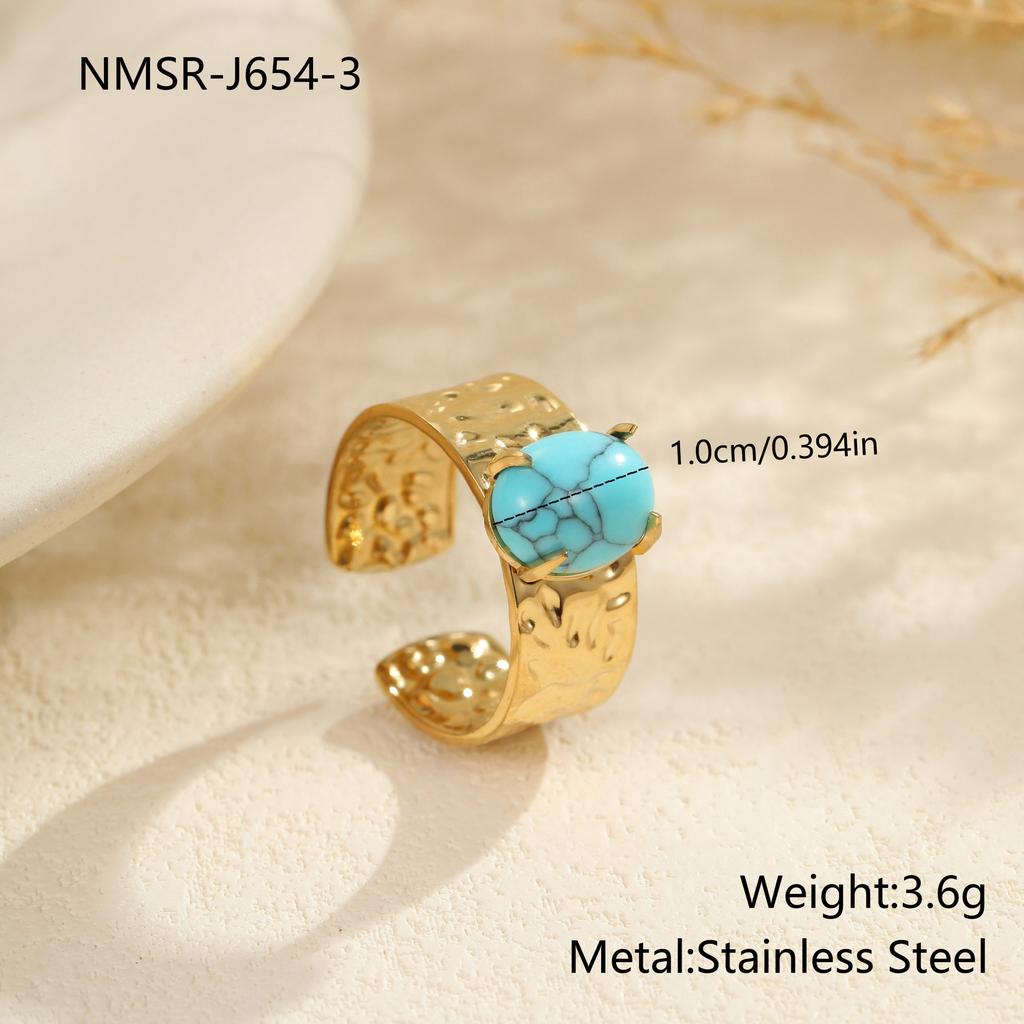 European and American retro natural stone turquoise stainless steel ring does not fade, plated with real gold ins trendy hand jewelry