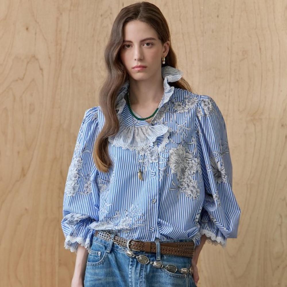

Maxza Flower Lace Frill Stripe Blouse Ze05qb011na Blue/FREE