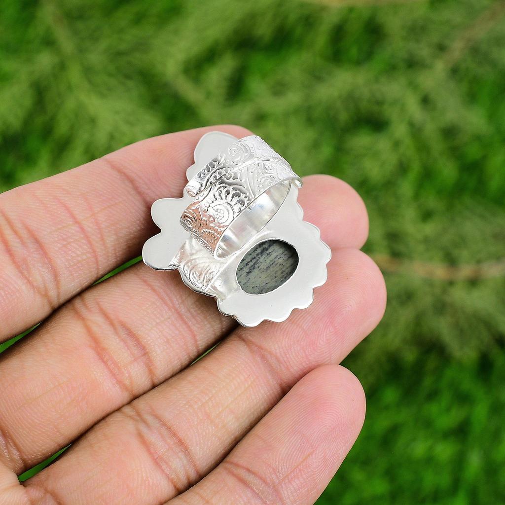 Natural Silver Leaf Jasper Statement Mother Ring Jewelry Sterling Silver US Yes