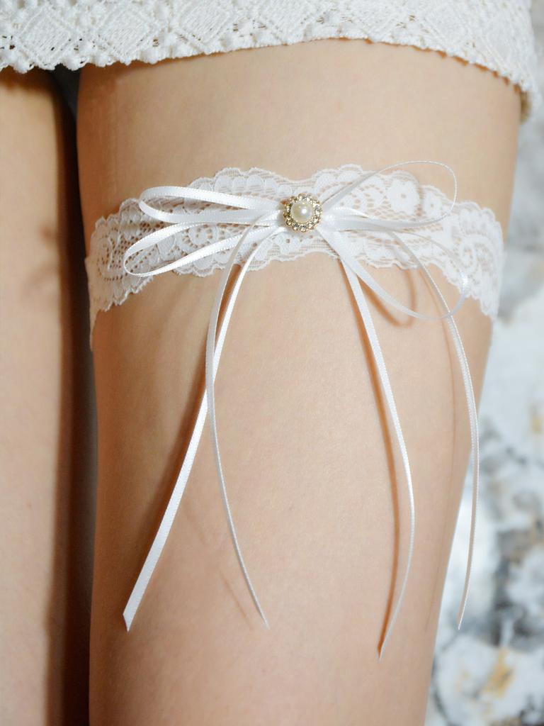 1Pc White Faux Pearl Lace Bridal Garter Belt, Wedding Thigh Garter For Brides