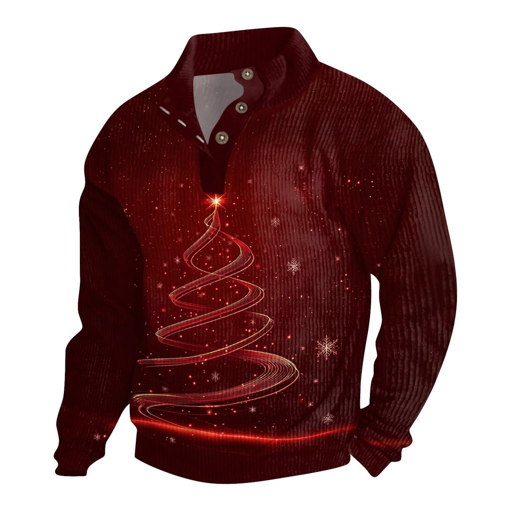 Men's Christmas Cotton Pullover Long Sleeve Outdoor Shirt Vintage Corduroy Button Stand Collar Shirt Casual Sweatshirt Christmas Print Top