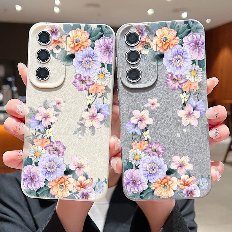Flowers Leather Texture TPU Case For Samsung Galaxy S25 S24 S23 Ultra S24 FE S22 Plus A56 A55 A54 A16 A36 A15 A34 A26 5G Cover