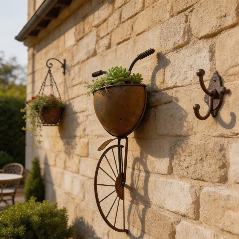 Metal Bike Wall Flower Pot with Brown Finish, Small Flower Holder for Fence Panels, Brick Walls, and Outdoor Wall Use at Home