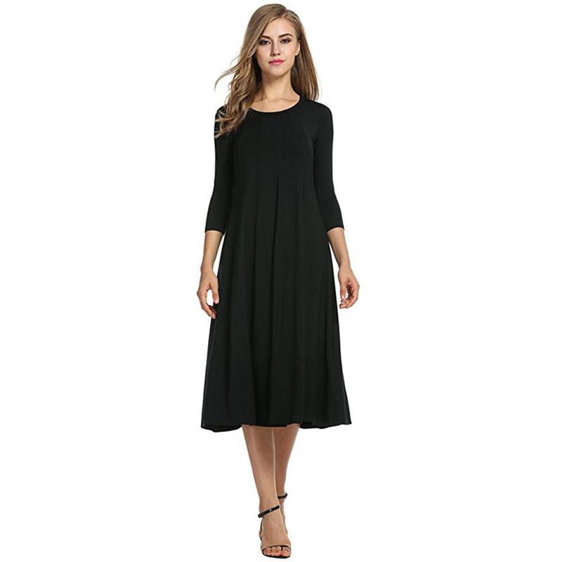 Sommerkleid für Damen, modisch, Rundhalsausschnitt, mittlere Ärmel, einfarbig, plissiert, lange Kleider