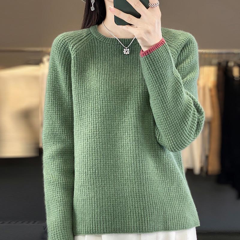 Women's Slim-Fit Color-Block Waffle Knit Wool Sweater - Stylish, Age-Reducing, Thickened Round Neck Base Layer Sweater, New Arrival