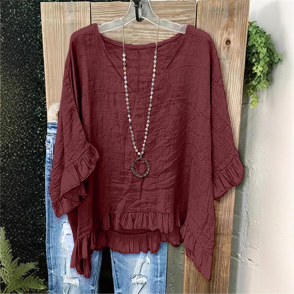 Blouse Casual pour Femme Coupe Ample à Volants, Col en V, Manches Courtes, Haut Léger au Style Détendu pour un Usage Quotidien