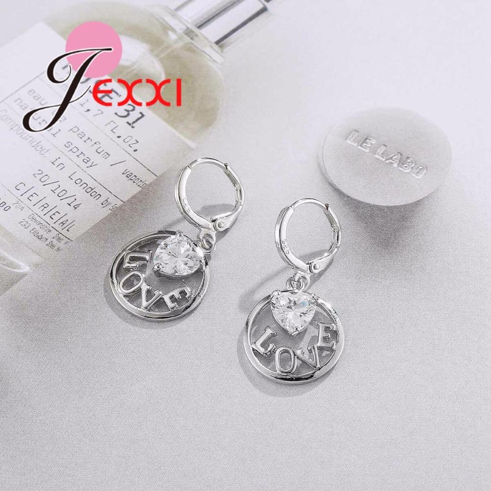 Cute Genuine 925 Sterling Silver Jewelry Set White AAA CZ Heart LOVE Pendant Necklace and Earrings Jewelry Sets For Women