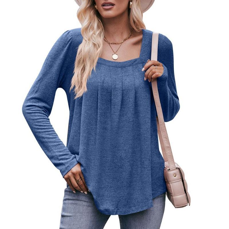 Women's Autumn and Winter New Style Casual Puff Sleeve Square Collar Press-pleated Long-sleeved T-shirt Pullover