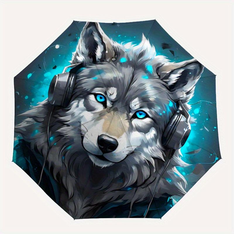 1pc Blue-Eyed Wolf In Headphones Automatic, Cute Cartoon Pattern, Portable Outdoor Umbrella, Holiday Gift for fans.C022