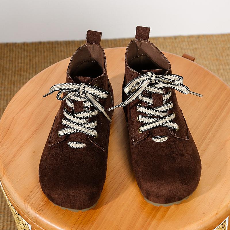 Fashion Flat Single Boots Women's Fashion Round Toe Suede Front Lace-Up Soft Sole Anti-Slip Wear-Resistant Short Shoes