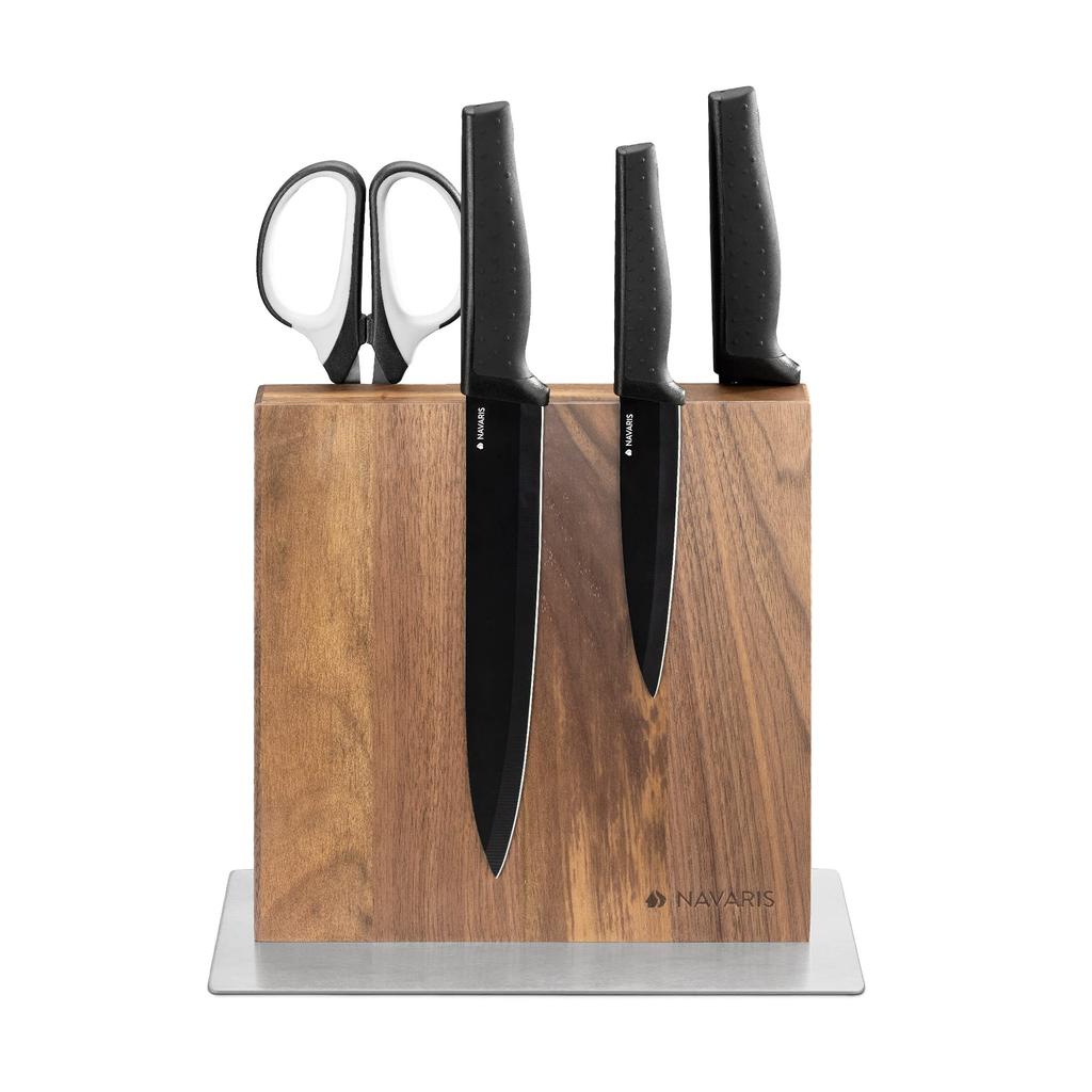 Navaris Magnetic Knife Knife Knife Holder Knife Kitchen Walnut Block, Stand, - Non-Slip Storage, Space-Saving - Double-Sided Storage, 25x23x10cm,