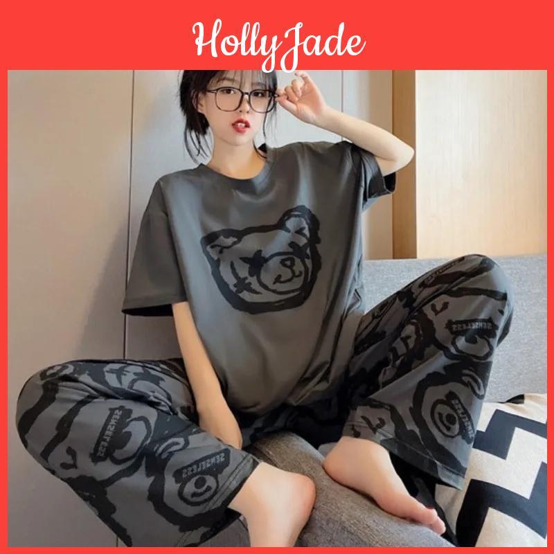 Womens Pajamas Shortsleeved Size Plus Trousers Comfortable And Breathable Suit Gray Cartoon Bear Oneck Pullover Sleepwear