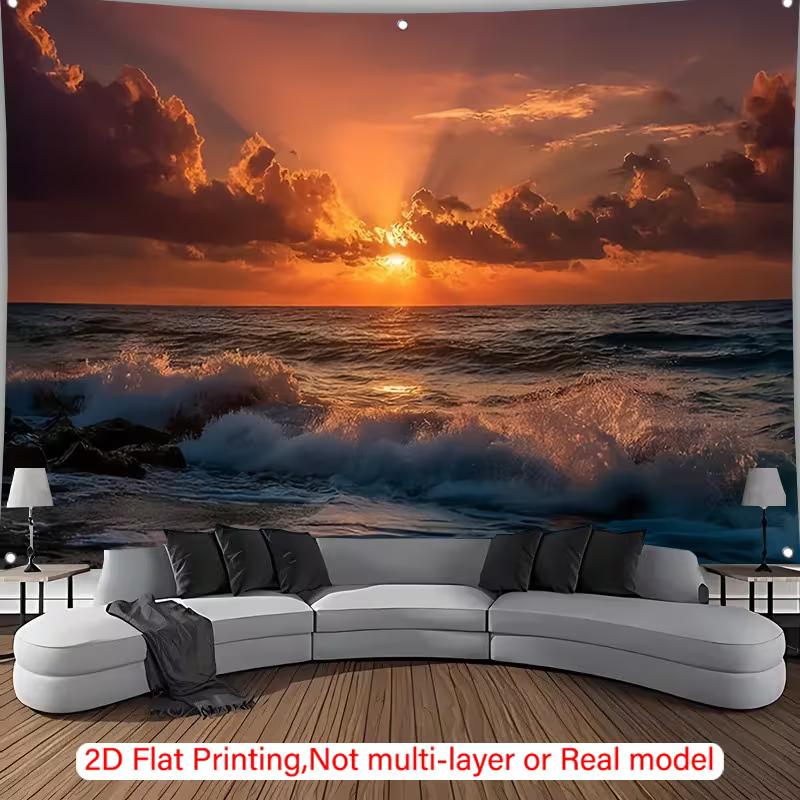 2D Tropical Sunset Tapestry, Crashing Ocean Waves for Bedroom Decor