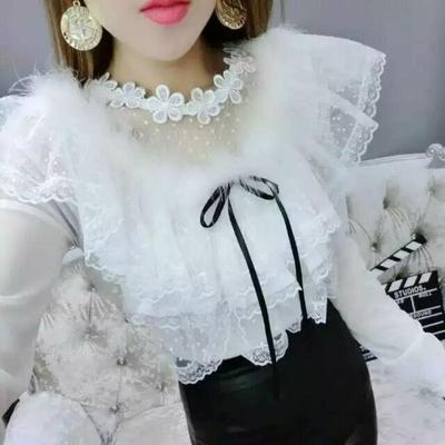 Senhoras topo novo transparente oco para fora blusa plissado rendas topos sexy manga longa moda villus camisa roupas femininas