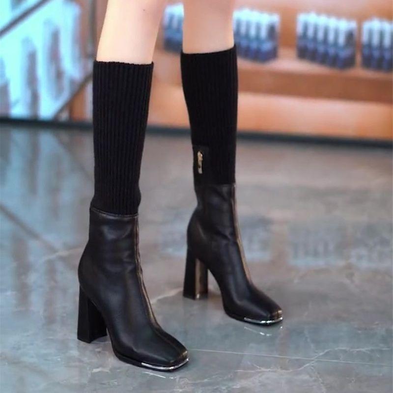 Fashion Women High Boots Fashion High Heels Shoes Brand Chunky Sock Boots Designer 2025 Winter New Square Toe Heeled Shoes Sexy Pumps