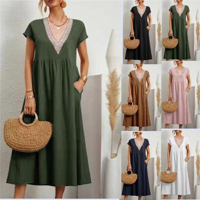 European And American Style Ladies Summer New Product Lace V-neck Loose Cotton And Linen Pocket Dress