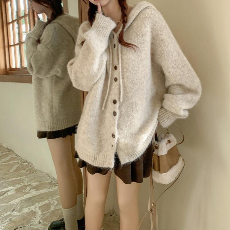 Autumn and Winter New Solid Color Hooded Knitted Cardigan Women's Soft Waxy Loose Lazy Versatile Sweater Jacket