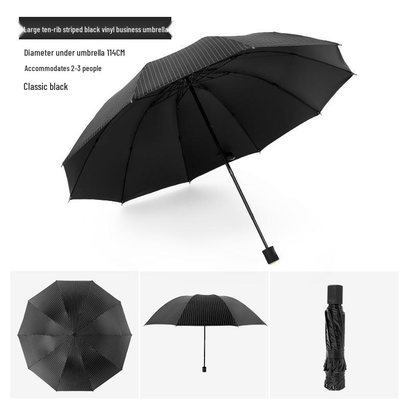 Black Reinforced Folding Umbrella, Sun & Rain Protection, Solid Color, Three-Fold, Fits 1-2 People, Ideal for Business Men & Women.