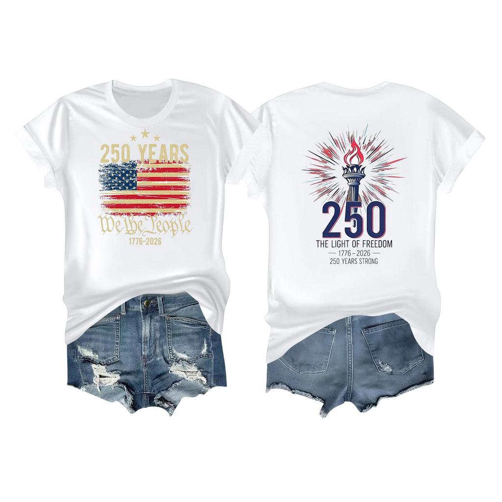Women's Casual Independence Day 250 Anniversary Printed T-shirt Round Neck Pullover Short Sleeve Top