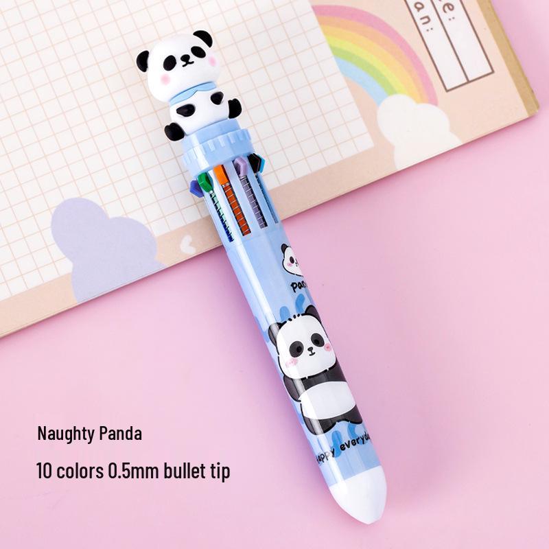 Panda-Themed 10-Color Ballpoint Pen for Students: Cute Push-Button Multicolor Journal Pen