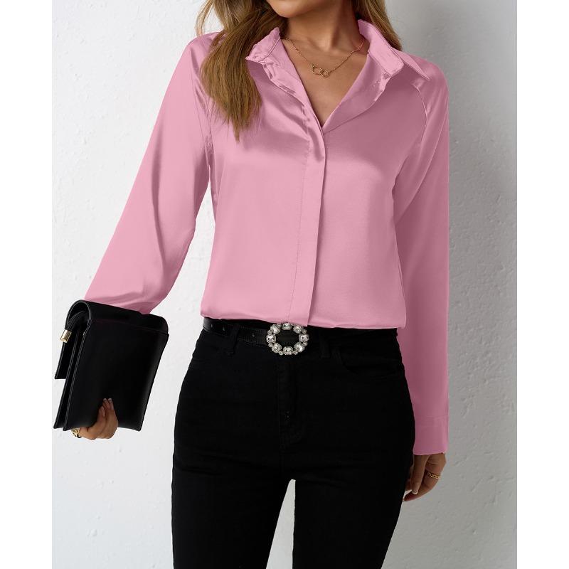 Women's Satin Shirt Imitation Silk Long Sleeved Blouses & Shirts