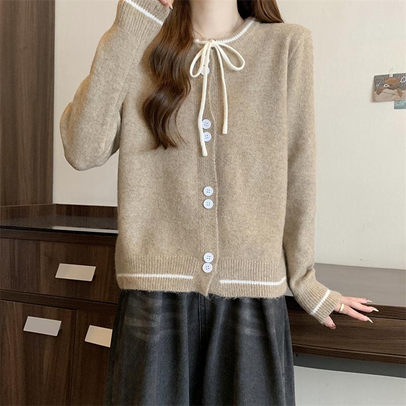 French sweet bow lace-up knitted cardigan small fragrant style early autumn small sweater jacket contrasting color college style