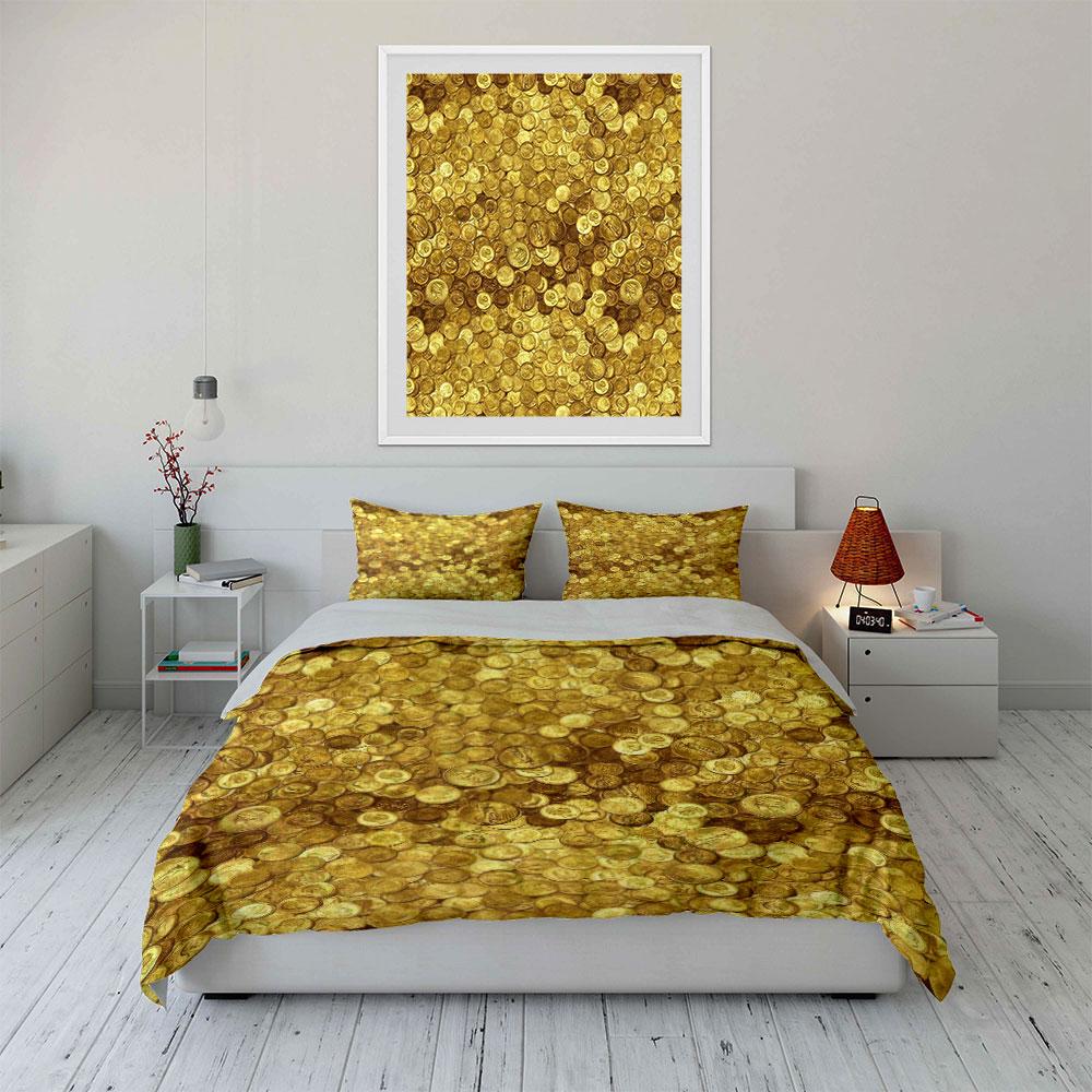 Golden Coins Pattern Decoration Set Soft Comfortable Duvet Cover Bedding Set Included 1*Duvet Cover & 2*Pillowcases, Gift