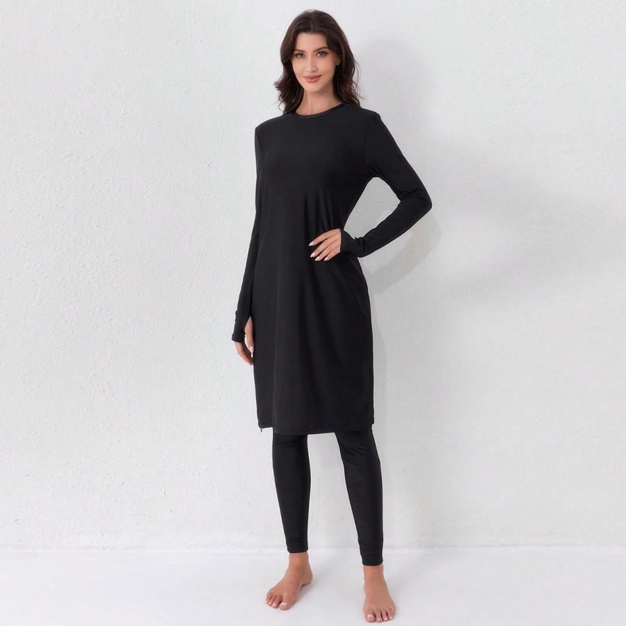 Women s 2-Piece Black Modest Swimsuit, Long Sleeve Tunic Dress With Thumb Holes & High Waist Pants L