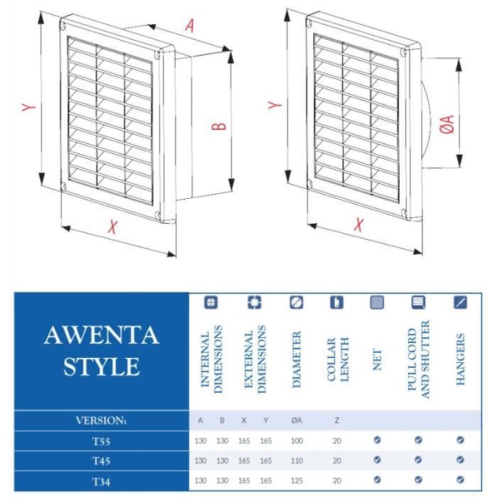 Couvercle de la grille de ventilation 130x130mm murale tirette net diamètre volet 100mm