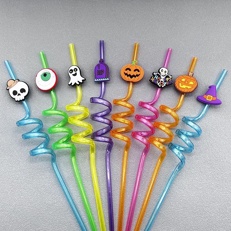 8pcs Halloween Straw Reusable Pumpkin Spiral Plastic Straw Kids Baby Birthday Party Decorations Supplies Drinking Straws