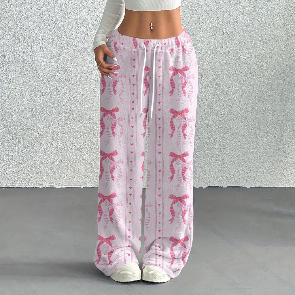 Women's Casual Fashion Printed Elastic Waist Loose Straight Leg Pants With Rope