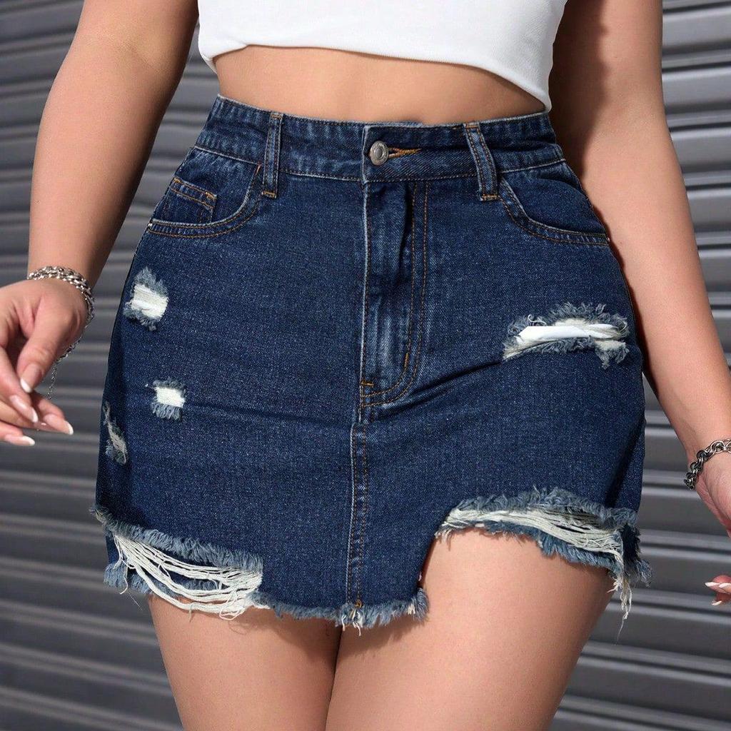 European & American Style Raw Hem Ripped Denim A-line Skort for Women
