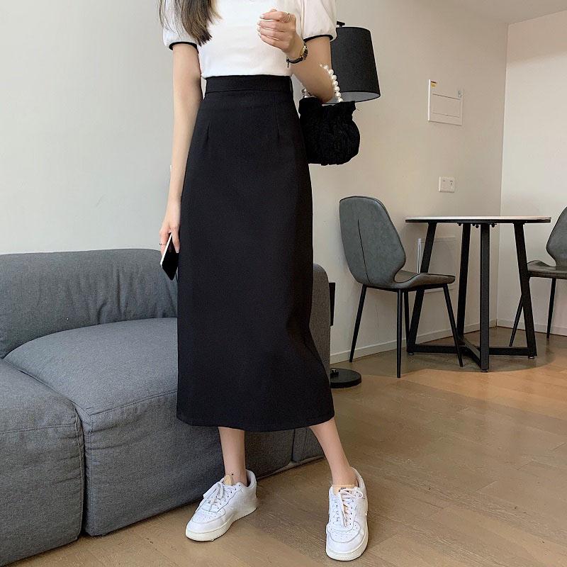 Saia Feminina Preta Cintura Alta Fenda Lateral Comprimento Midi Saia Feminina Elástica Slim Linha A Retrô Elegante Versátil Simples Moda