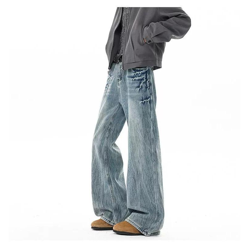 American high street lightning pattern micro-pull jeans men's trendy brand loose retro straight versatile wide-leg trousers men's clothing